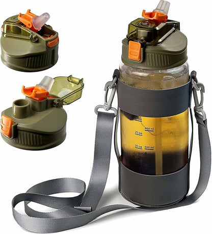 48oz Borosilicate Glass Water Bottle with Straw and Time Marker, Large Sport Water Jug with Adjustable Strap for Men Women (Green)