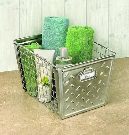 Tovolo Macklin, Stamped Steel & Wire Basket for Closet & Cubby Storage Vintage-Inspired Design with Customizable Label Plate, Medium, Zinc