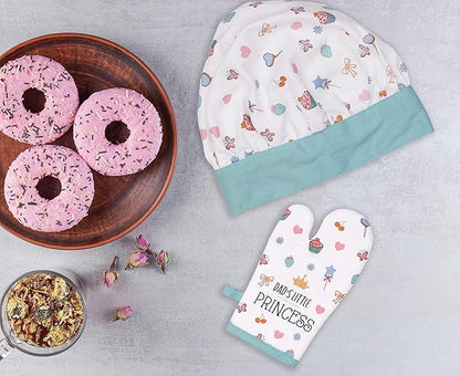 AMOUR INFINI 100% Cotton Little Princess 3-Piece Kitchen Set| Kid's Aprons, Oven Mitts, and Chef Hats|Kitchen Play,Cooking,Grilling,Baking,Thanksgiving,Christmas,Birthday Gift for Girls & Young Chefs