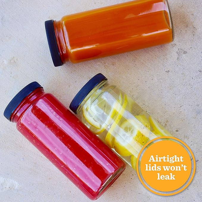 All About Juicing Clear Glass Water Bottles Set - 6 Pack Wide Mouth with Lids for Juice, Smoothies, Beverage Storage - 16 oz, Durable, Reusable, Dishwasher Safe, Leak Proof (Black Caps)