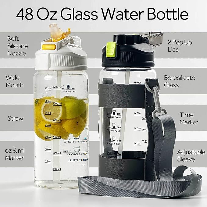 48oz Borosilicate Glass Water Bottle with Straw and Time Marker, Large Sport Water Jug with Adjustable Strap for Men Women (White)