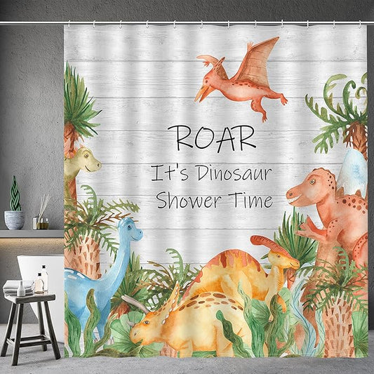 Aimego Cartoon Dinosaur Shower Curtain Yellow Cute Dino Animal Park Pattern Kids Shower Curtain Set with 12 Hooks for Bathroom Decor Accessories Bathtub Curtain, 72"x72"