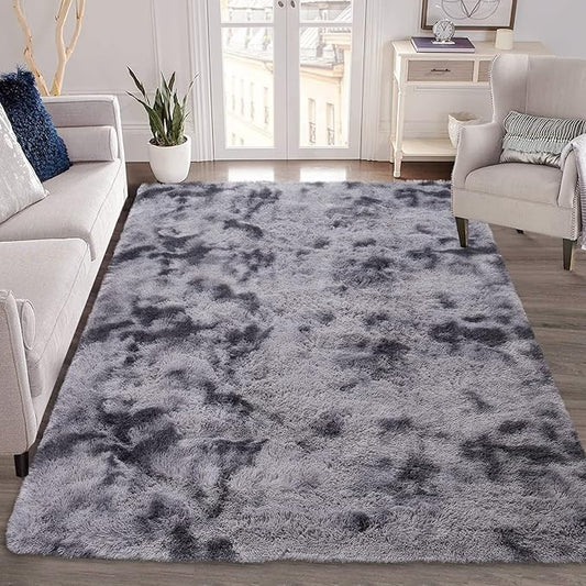 Soft Comfy Faux Fur Area Rug Super Fluffy Carpets for Bedroom Thick Fuzzy Shag Rug 6 x 9 ft for Living Room Nuresry Dorm Indoor Abstract Large Rugs for Modern Interior, Tie-Dyed Dark Grey