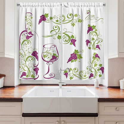 Ambesonne Wine Long Kitchen Curtains, Wine Bottle and Glass Grapevines Lettering with Swirled Branches Lines, Two Panels Drapes with Rod Pocket Room Decor, 55" x 45", Lime Green