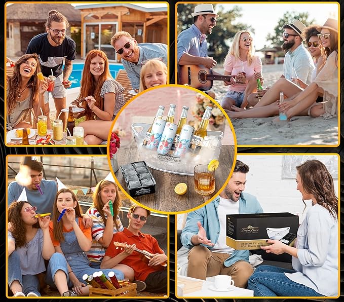 Acrylic Ice Bucket for Parties with Silicone Ice Cube Tray - Clear Champagne Bucket 5.5 Liter - Beverage Tub with Big Square Ice Cubes for Cold Drinks - Holds 3-5 Wine or Champagne bottles