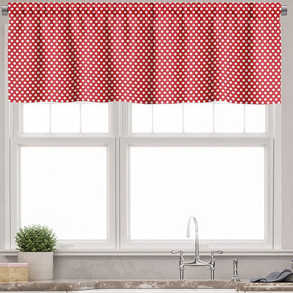 Ambesonne Retro Valance & Tier Curtain 3 pcs Set, 50s 60s Iconic Pop Art Style Big White Polka Dots Picnic Vintage Old Theme Image, Window Treatments for Kitchen Room Decor, 55" x 24", Vermilion White