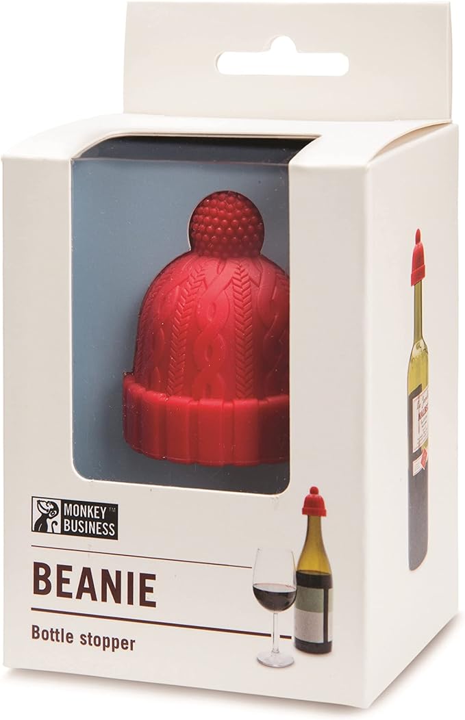 Monkey Business Beanie Wine Stopper | Single Pack Red | Cute Wine Accessories | Fun Kitchen Gadgets | Wine Stoppers for Wine Bottles | Knit-Beanie-Shaped Wine Bottle Stopper w/a Pom-Pom