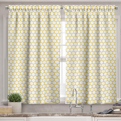 Ambesonne Yellow and White Valance & Tier Curtain 3 pcs Set, Hexagonal Pattern Honeycomb Beehive Simplistic Geometrical Monochrome, Window Treatments for Room Kitchen Decor, 55" x 24", White Yellow