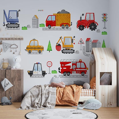 Large Car Wall Decals for Kids by Lipastick - 139 pcs Transports Wall Stickers Peel and Stick Truck Stickers - Wall Decals for Boys Kids Baby Room - Construction Cars City Wall Decor XXL Size