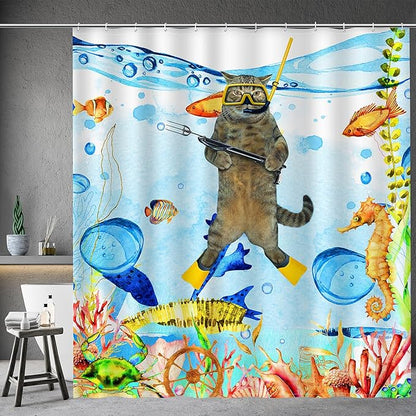Aimego Long Funny Shower Curtain - Cat Sea Ocean Animal Underwater Tropical Fish Coral Seahorse Fabric Cloth Shower Curtain Set with 12 Hooks for Bathroom Decor Accessories Bathtub Curtain, 72"x78"