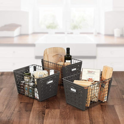 Spectrum Diversified Macklin, Stamped Steel & Wire Basket for Closet & Cubby Storage Vintage-Inspired Design with Customizable Label Plate, Medium, Industrial Gray, 1 Count (Pack of 1)