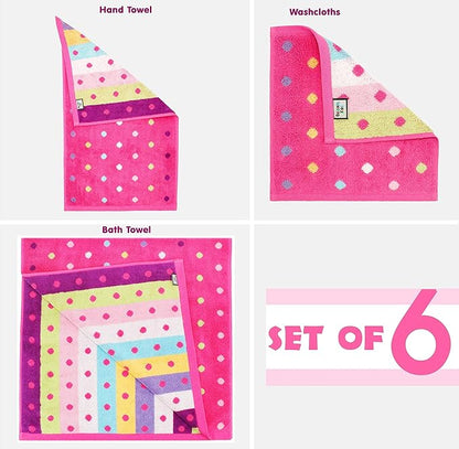 6 Piece Towel Set - Bath Time Sugar & Spice - 2 Towels, 2 Hand Towels, 2 Washcloths in Bonus Tote Bag - 100% Cotton Jacquard Soft Absorbent Pool Beach Towel Gift - Pink Multicolor