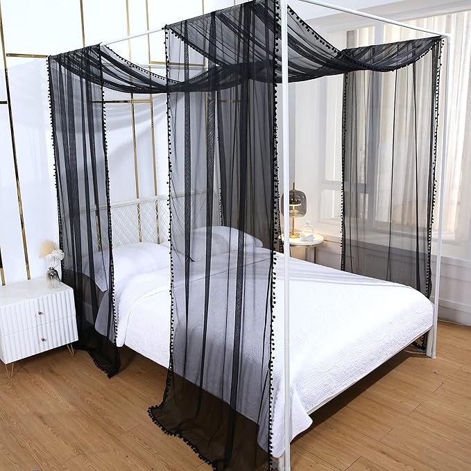 Akiky Pom Pom Canopy Bed Curtains Princess Bed Canopy Scarf for Full/Queen Metal Bed Frame,Wood Frame Bed-2 Panel Sheer Canopy Curtain(Black)