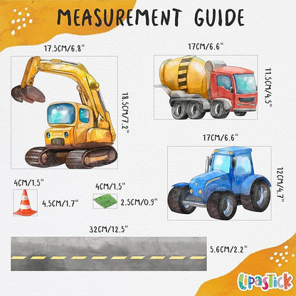 Car Wall Decals for Kids by Lipastick - Transports Wall Stickers Peel and Stick Truck Stickers – Construction Cars Wall Decals - Large Tractor Excavator City Nursery Playroom Décor S Size