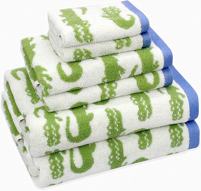 6 Piece Towel Set - Bath Time in A While Crocodile- 2 Bath Towels, 2 Hand Towels, 2 Washcloths in Bonus Tote Bag - 100% Cotton Jacquard Soft Absorbent Pool Beach Towel Gift - Green Blue