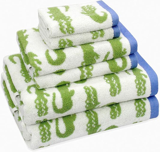 6 Piece Towel Set - Bath Time in A While Crocodile- 2 Bath Towels, 2 Hand Towels, 2 Washcloths in Bonus Tote Bag - 100% Cotton Jacquard Soft Absorbent Pool Beach Towel Gift - Green Blue