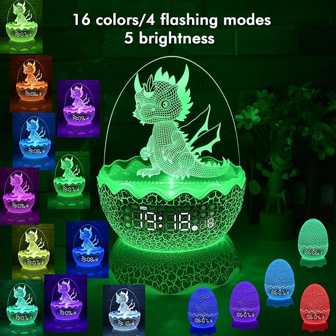 Dragon Egg Night Light with Digital Clock/Alarm Clock/Lullaby White Noise/Bluetooth Speaker, Dragon Egg Decor with Remote Control 16 Colors & Sleep Timer, Dragon Gifts for Kids/Adult