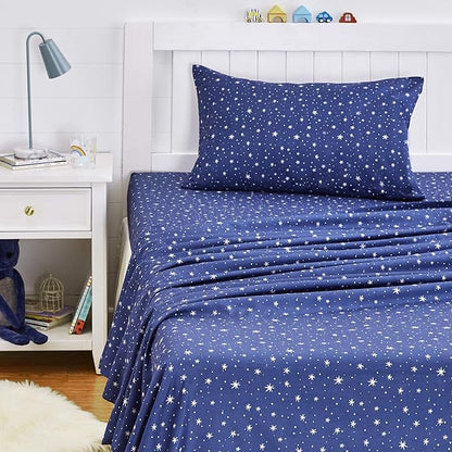 Amazon Basics Kid's Soft Easy-Wash Lightweight Microfiber 3-Piece Sheet Set, Toddler, Navy Galaxy