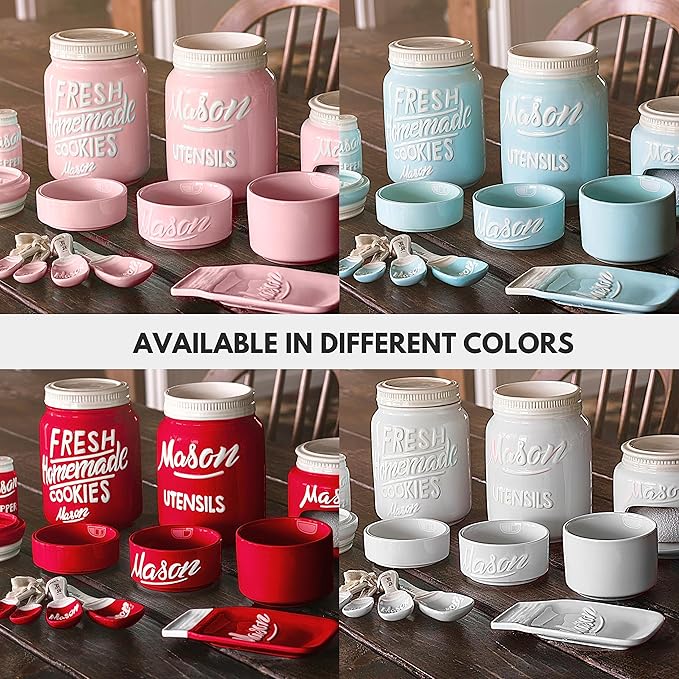 Mason Jar Kitchen Accessories Set - Ceramic Jar with Lid, Measuring Cups & Spoons, Utensil Holder for Stove, and Sponge Holder Ceramic - Vintage Utensil Rest & Condiment Shakers (Pink, 17-Pieces)