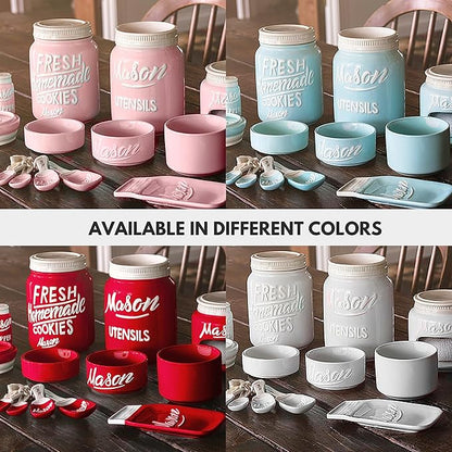 Mason Jar Kitchen Accessories Set - Ceramic Jar with Lid, Measuring Cups & Spoons, Utensil Holder for Stove, and Sponge Holder Ceramic - Vintage Utensil Rest & Condiment Shakers (Pink, 17-Pieces)