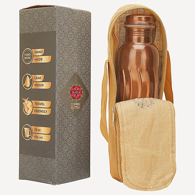 Copper Water Bottle 34 oz Pure Hammered Ayurvedic Pure Copper Vessel Antique Black Diamond Pure Copper Water Bottle With Carry Bag for Sport Fitness Yoga Sports Copper Bottles 1000 ML