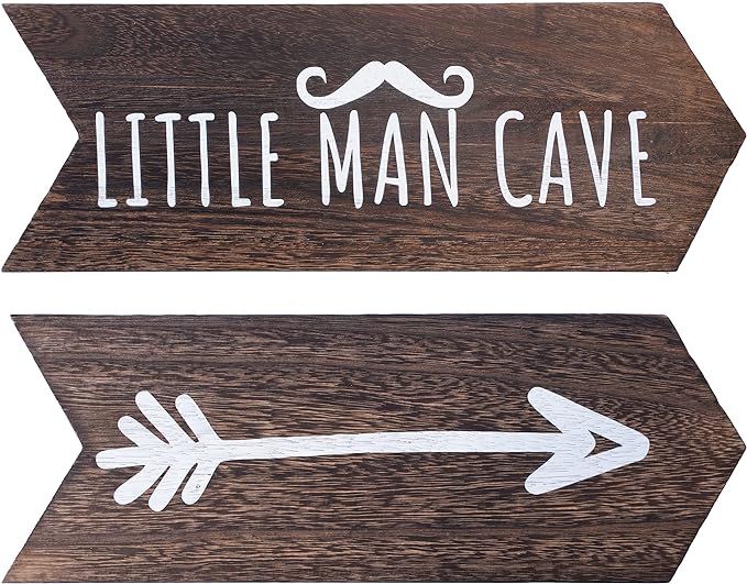 Nursery Wall Decor - 2 Pcs Little Man Cave Sign, Baby Boy Woodland Nursery Decor for Kids Toddler Bedroom Playroom Sign Decoration, Wooden Arrow Wall Art Brown (14 inch)