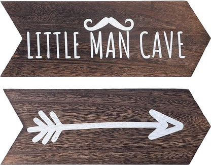 Nursery Wall Decor - 2 Pcs Little Man Cave Sign, Baby Boy Woodland Nursery Decor for Kids Toddler Bedroom Playroom Sign Decoration, Wooden Arrow Wall Art Brown (14 inch)