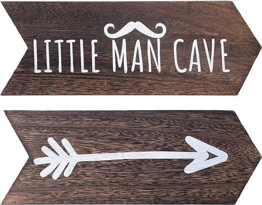 Nursery Wall Decor - 2 Pcs Little Man Cave Sign, Baby Boy Woodland Nursery Decor for Kids Toddler Bedroom Playroom Sign Decoration, Wooden Arrow Wall Art Brown (14 inch)
