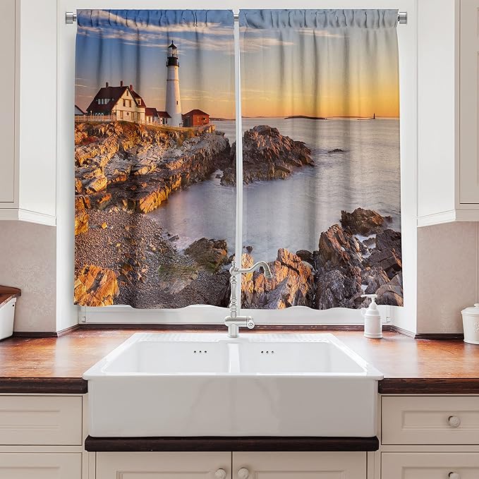 Ambesonne United States Long Kitchen Curtains, Cape Elizabeth Maine River Portland Lighthouse Sunrise USA Coast Scenery, Two Panels Drapes with Rod Pocket Room Decor, 55" x 45", Blue Tan