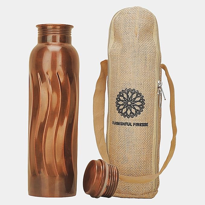 Copper Water Bottle 34 oz Pure Hammered Ayurvedic Pure Copper Vessel Antique Black Diamond Pure Copper Water Bottle With Carry Bag for Sport Fitness Yoga Sports Copper Bottles 1000 ML