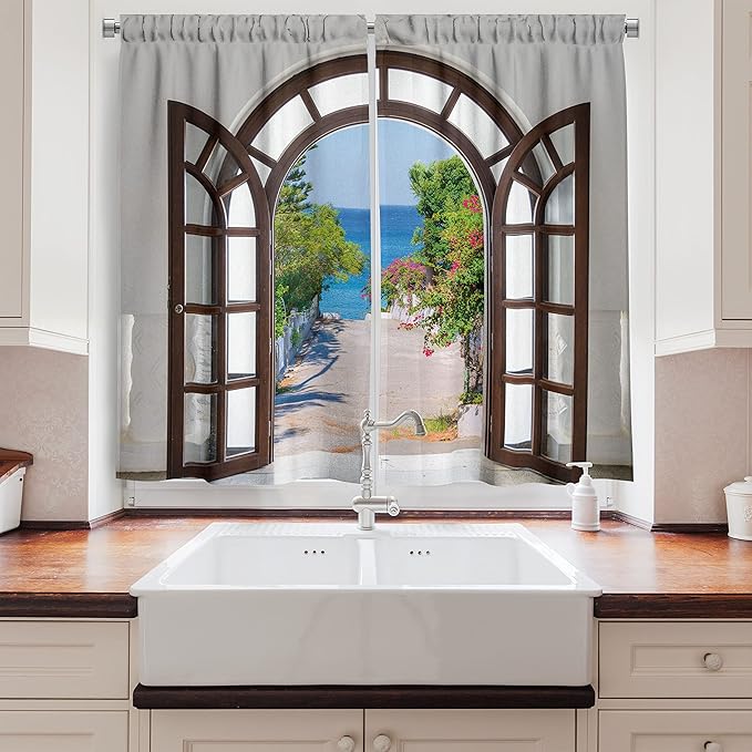 Ambesonne Beach Long Kitchen Curtains, Ocean Sea View from Summer Season Italian Design in Garden Image, Two Panels Drapes with Rod Pocket Room Decor, 55" x 45", White Blue