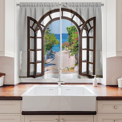 Ambesonne Beach Long Kitchen Curtains, Ocean Sea View from Summer Season Italian Design in Garden Image, Two Panels Drapes with Rod Pocket Room Decor, 55" x 45", White Blue