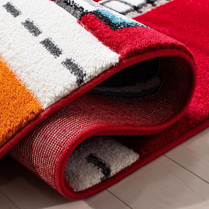 SAFAVIEH Carousel Kids Collection Runner Rug - 2' x 8', Red & Ivory, Neighborhood Design, Non-Shedding & Easy Care, Ideal for High Traffic Areas for Boys & Girls in Playroom, Bedroom (CRK192Q)