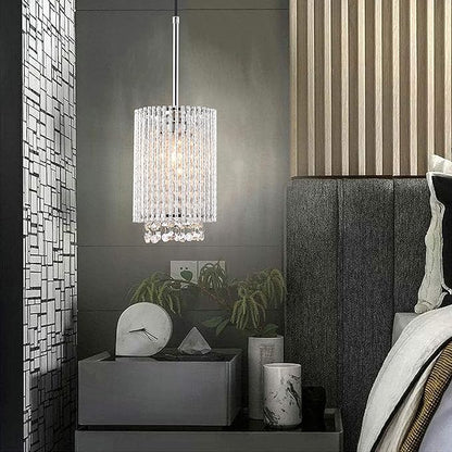 Mini Crystal Pendant Lighting 1 Light Modern Hanging Light Fixtures Small Cylinder Chrome Chandelier for Kitchen Island Dining Room