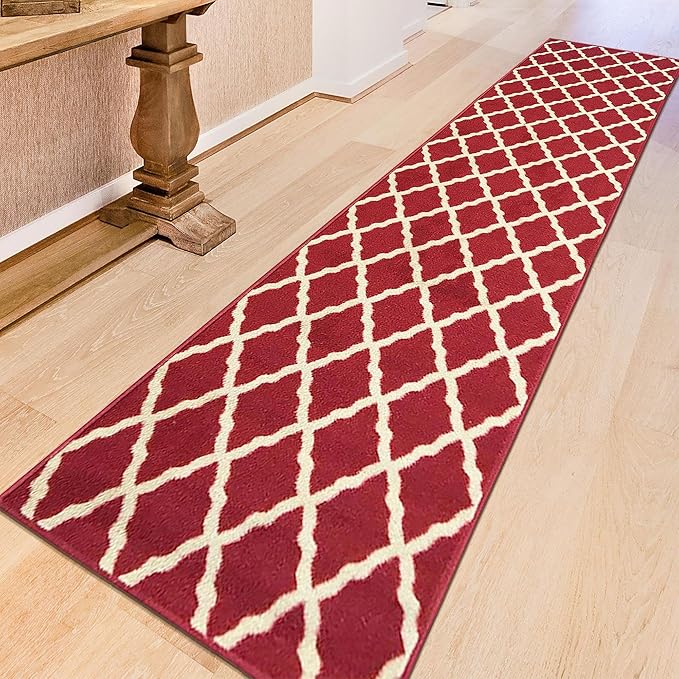 Ottomanson Machine Washable Elegant Trellis Design Non-Slip Rubberback 2x7 Traditional Runner Rug for Hallway, Kitchen, Bedroom, Living Room, 1'10" x 7', Red