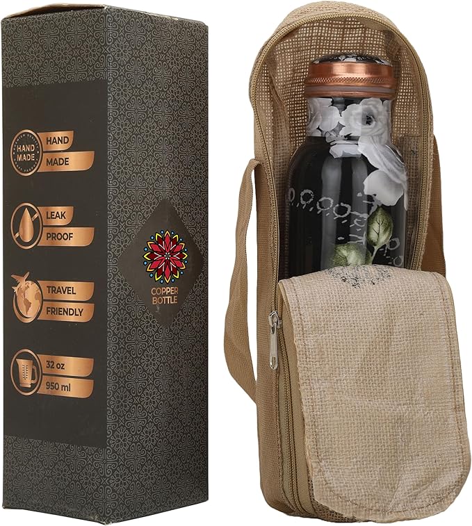 Copper Water Bottle for Drinking 34 oz Handmade Ayurvedic Health Benefits Leak Proof Copper water Bottle With Carry Bag for Sport Fitness Yoga - Natural Copper Water Bottle