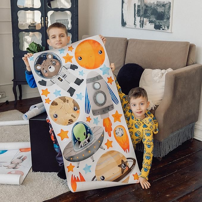 Large Solar System Wall Decals for Kids by Lipastick - 131 pcs Space Animal Wall Stickers Boys Room Playroom - Galaxy Wall Decor - Kids Vinyl Wall Decal Peel and Stick - Outer Space Decal XXL Size