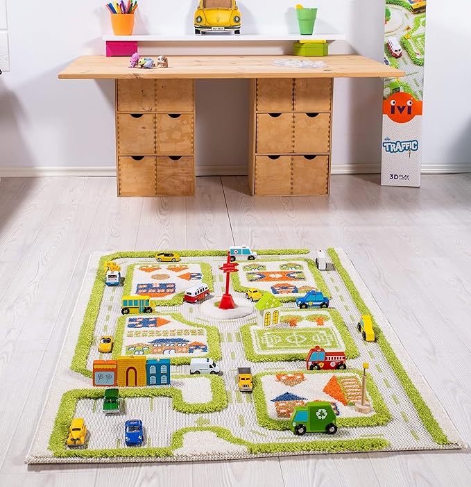 IVI Thick 3D Childrens Play Mat & Rug in A Colorful Town Design for Kids with Soccer Field, Car Park & Roads, Green, 32 x 45 inches