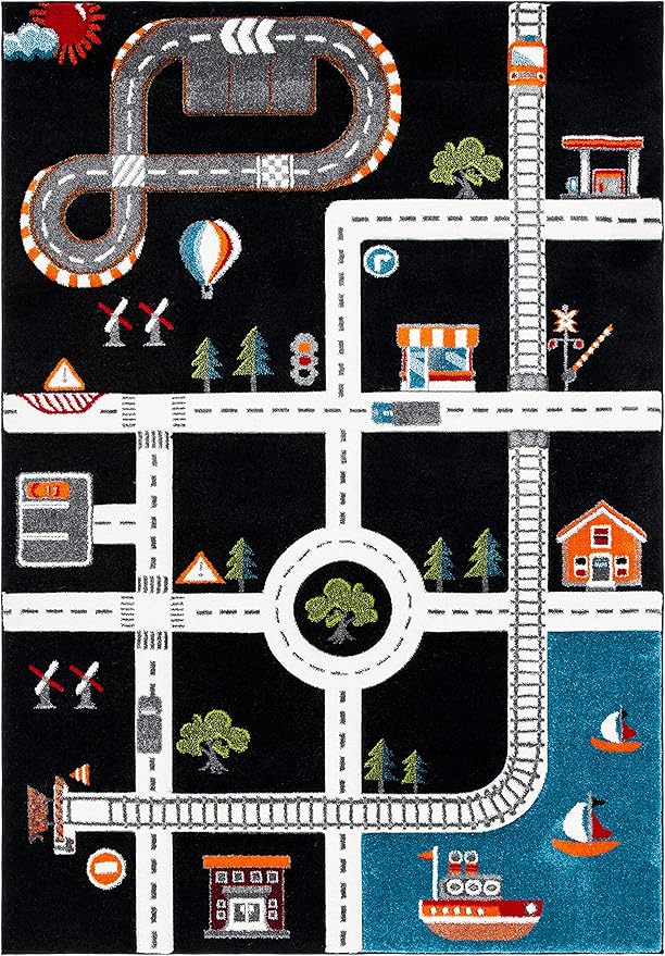 SAFAVIEH Carousel Kids Collection Area Rug - 8' x 10', Black & Ivory, Neighborhood Design, Non-Shedding & Easy Care, Ideal for High Traffic Areas for Boys & Girls in Playroom, Bedroom (CRK192Z)