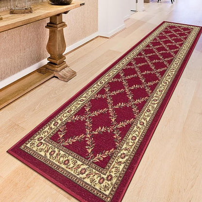 Ottomanson Machine Washable Trellis Design Non-Slip Rubberback 2x7 Modern Runner Rug for Hallway, Kitchen, Living Room, Bedroom, 1'10" x 7', Red Trellis