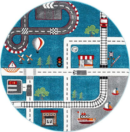 SAFAVIEH Carousel Kids Collection 4' Round Turquoise/Ivory CRK192K Neighborhood Road Non-Shedding Playroom Nursery Bedroom Area Rug
