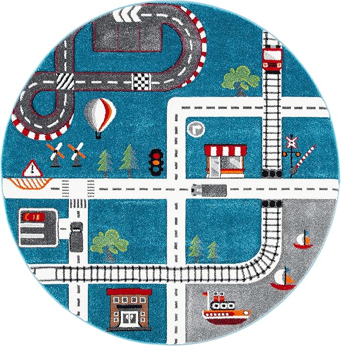 SAFAVIEH Carousel Kids Collection 3' Round Turquoise/Ivory CRK192K Neighborhood Road Non-Shedding Playroom Nursery Bedroom Area Rug