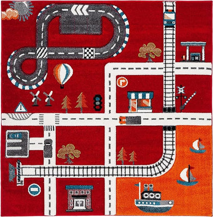 SAFAVIEH Carousel Kids Collection Area Rug - 5'3" Square, Red & Ivory, Non-Shedding & Easy Care, Ideal for High Traffic Areas for Boys & Girls in Playroom, Nursery, Bedroom (CRK192Q)