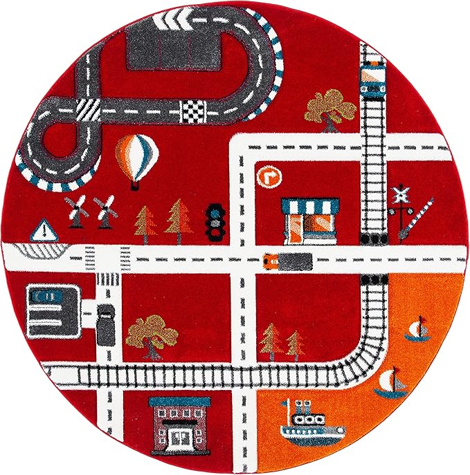 SAFAVIEH Carousel Kids Collection Area Rug - 5'3" Round, Red & Ivory, Neighborhood Design, Non-Shedding & Easy Care, Ideal for High Traffic Areas for Boys & Girls in Playroom, Bedroom (CRK192Q)
