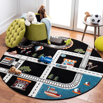 SAFAVIEH Carousel Kids Collection 3' Round Black/Ivory CRK192Z Neighborhood Road Non-Shedding Playroom Nursery Bedroom Area Rug