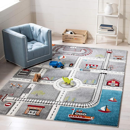 SAFAVIEH Carousel Kids Collection Area Rug - 9' x 12', Grey & Ivory, Non-Shedding & Easy Care, Ideal for High Traffic Areas for Boys & Girls in Playroom, Nursery, Bedroom (CRK192F)