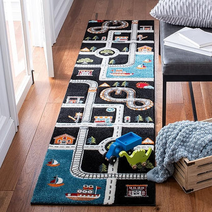 SAFAVIEH Carousel Kids Collection Runner Rug - 2' x 8', Black & Ivory, Non-Shedding & Easy Care, Ideal for High Traffic Areas for Boys & Girls in Playroom, Nursery, Bedroom (CRK192Z)