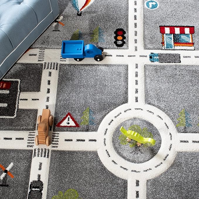 SAFAVIEH Carousel Kids Collection Runner Rug - 2' x 8', Grey & Ivory, Non-Shedding & Easy Care, Ideal for High Traffic Areas for Boys & Girls in Playroom, Nursery, Bedroom (CRK192F)