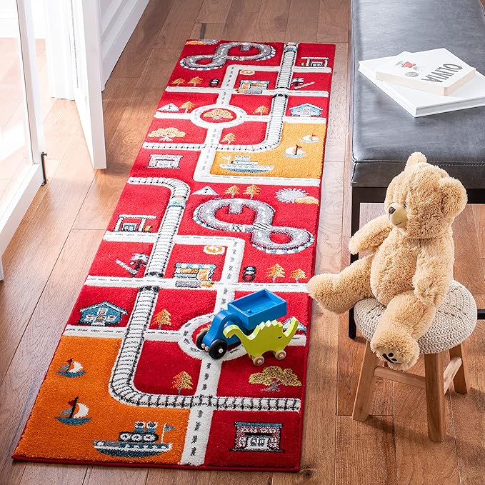SAFAVIEH Carousel Kids Collection Runner Rug - 2' x 8', Red & Ivory, Neighborhood Design, Non-Shedding & Easy Care, Ideal for High Traffic Areas for Boys & Girls in Playroom, Bedroom (CRK192Q)