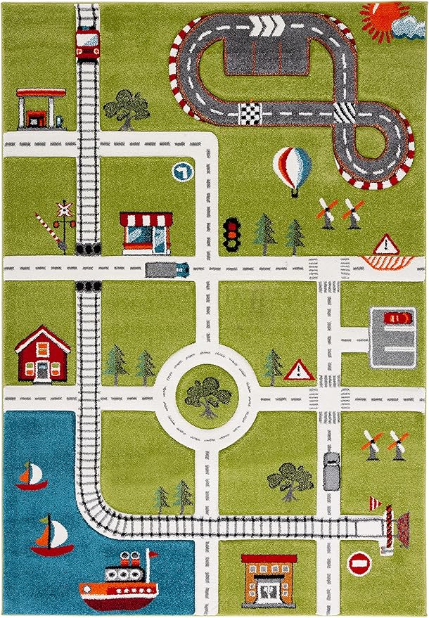 SAFAVIEH Carousel Kids Collection 6'7" x 9' Green / Ivory CRK192Y Neighborhood Nursery Playroom Area Rug